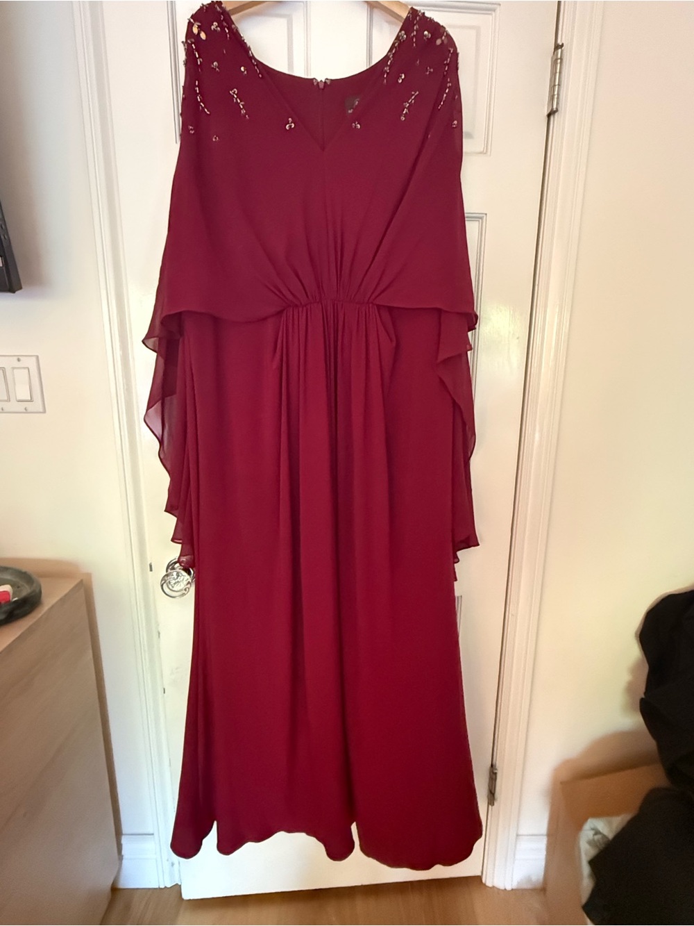 Adrianna Papell Burgundy Cape Evening Gown